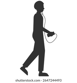 Vector silhouettes of Man Walks and Listens to Music. Silhouettes of Busines People. Vector Set on Transparent Background