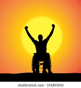 Vector silhouettes of man in a wheelchair at sunset. 