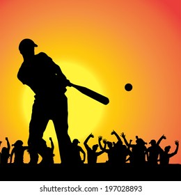 Vector silhouettes of man who play baseball at sunset.