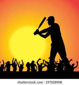 Vector silhouettes of man who play baseball at sunset.