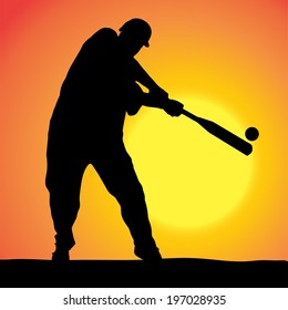Vector silhouettes of man who play baseball at sunset.