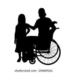 Vector silhouettes man who is in a wheelchair with a daughter.