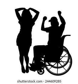 Vector silhouettes man who is in a wheelchair with a girl.
