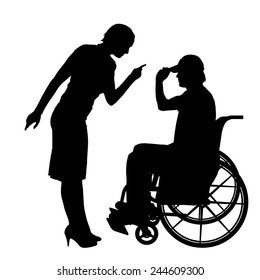 Vector silhouettes man who is in a wheelchair with a girl.