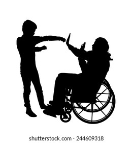 Vector silhouettes man who is in a wheelchair with a son.