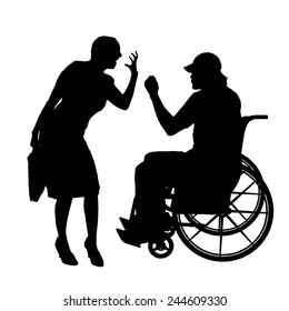 Vector silhouettes man who is in a wheelchair with a girl.