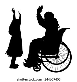 Vector silhouettes man who is in a wheelchair with a daughter.