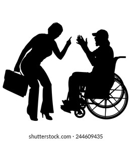 Vector silhouettes man who is in a wheelchair with a girl.