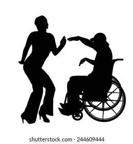 Vector silhouettes man who is in a wheelchair with a girl.