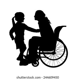 Vector silhouettes man who is in a wheelchair with a daughter.