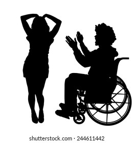 Vector silhouettes man who is in a wheelchair with a girl.