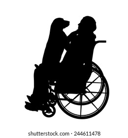 Vector silhouettes man who is in a wheelchair with a dog.