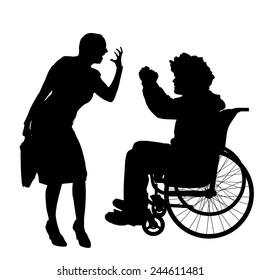 Vector silhouettes man who is in a wheelchair with a girl.