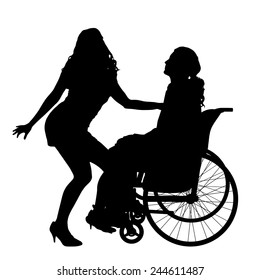 Vector silhouettes man who is in a wheelchair with a girl.