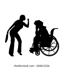 Vector silhouettes man who is in a wheelchair with a girl.