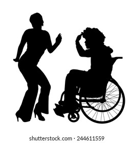 Vector silhouettes man who is in a wheelchair with a girl.