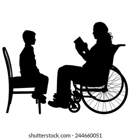 Vector silhouettes man who is in a wheelchair with a son.