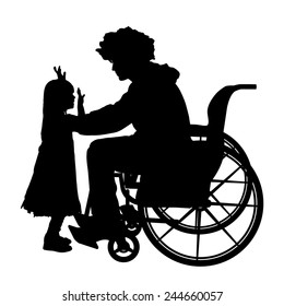 Vector silhouettes man who is in a wheelchair with a daughter.