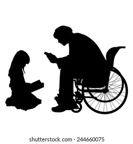Vector silhouettes man who is in a wheelchair with a daughter.