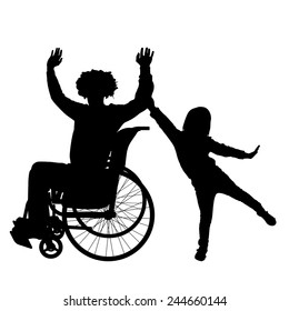 Vector silhouettes man who is in a wheelchair with a daughter.