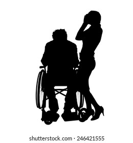 Vector silhouettes man who is in a wheelchair with a girl.