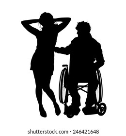 Vector silhouettes man who is in a wheelchair with a girl.