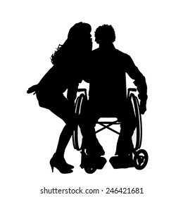Vector silhouettes man who is in a wheelchair with a girl.