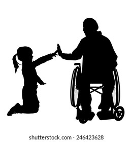 Vector silhouettes man who is in a wheelchair with a daughter.