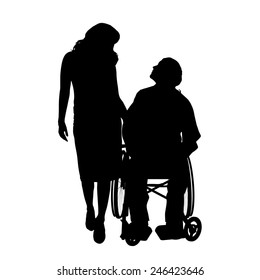Vector silhouettes man who is in a wheelchair with a girl.