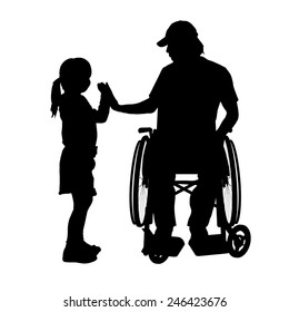 Vector silhouettes man who is in a wheelchair with a daughter.