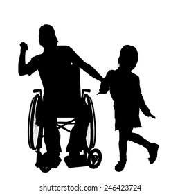 Vector silhouettes man who is in a wheelchair with a daughter.