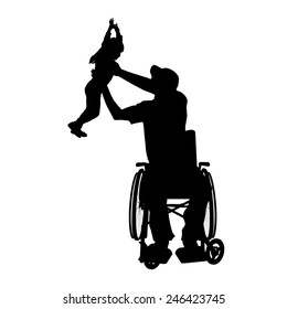 Vector silhouettes man who is in a wheelchair with a daughter.