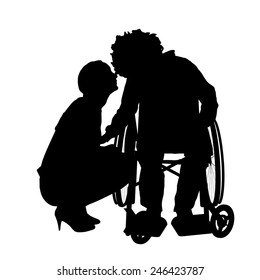 Vector silhouettes man who is in a wheelchair with a girl.