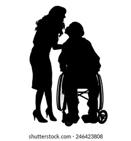 Vector silhouettes man who is in a wheelchair with a girl.