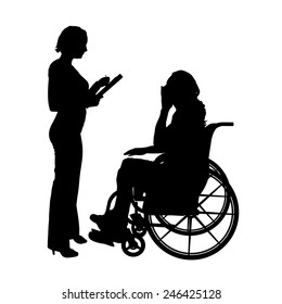 Vector silhouettes man who is in a wheelchair with a woman.