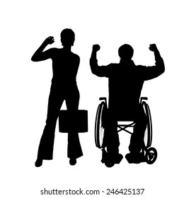 Vector silhouettes man who is in a wheelchair with a girl.
