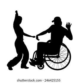 Vector silhouettes man who is in a wheelchair with a girl.