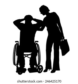 Vector silhouettes man who is in a wheelchair with a girl.