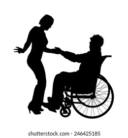 Vector silhouettes man who is in a wheelchair with a girl.