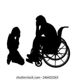 Vector silhouettes man who is in a wheelchair with a son.