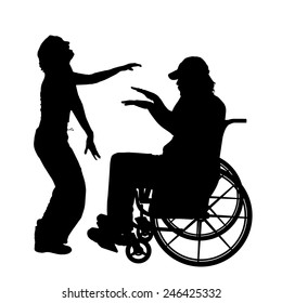 Vector silhouettes man who is in a wheelchair with a girl.