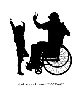 Vector silhouettes man who is in a wheelchair with a daughter.