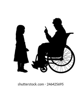 Vector silhouettes man who is in a wheelchair with a daughter.