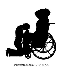 Vector silhouettes man who is in a wheelchair with a girl.