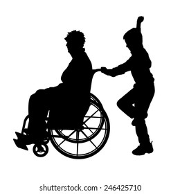 Vector silhouettes man who is in a wheelchair with a son.