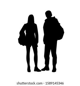 Vector silhouettes of  man and a woman with backpack, a couple of standing business people, black color isolated on white background