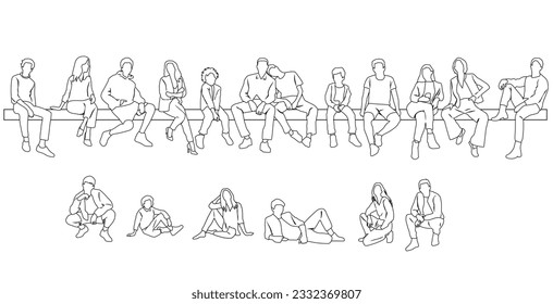 Vector silhouettes of a man, woman and children sitting on a bench, linear sketch, a group of business people, black color on a white background