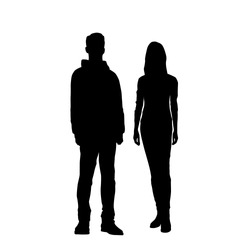 Vector Silhouettes Of  Man And A Woman, A Couple Of Standing Business People, Black Color Isolated On White Background