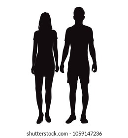 Vector silhouettes man and woman, couple,  business people, group , standing,  black color, isolated on white background