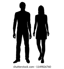 Vector silhouettes man and woman, couple,  business people, group , standing,  black color, isolated on white background